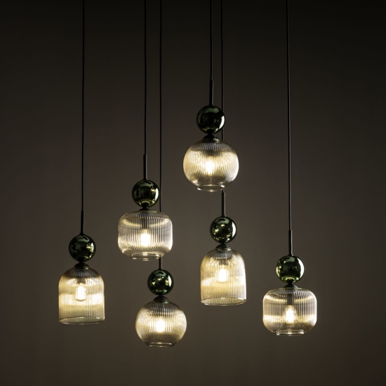 lampadario elegante per soggiorno sfere in vetro verde